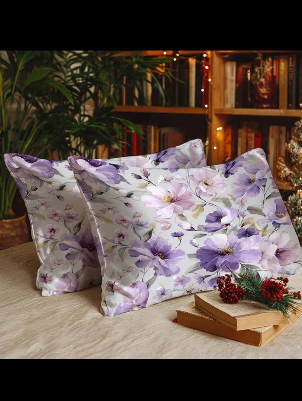🆕️100% MULBERRY SILK PILLOWCASES - PURPLE FLORAL -SET OF 2